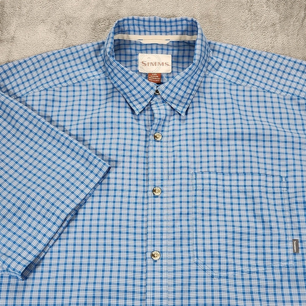 Simms Shirt Mens 2XL Blue Check Short Sleeve Button Up Fishing Outdoor Casual